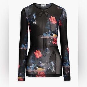 Ganni Black Floral Mesh Top